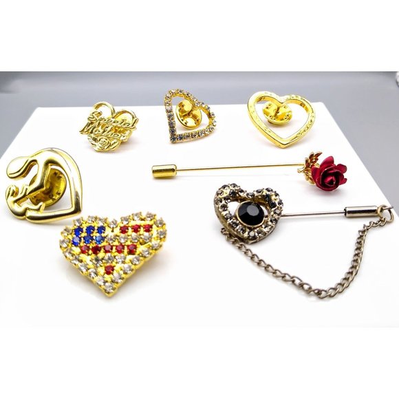 Vintage Floral Romance Brooch Lot, Fun Bundle of 7 Pins, Rose and Hearts - Picture 2 of 3